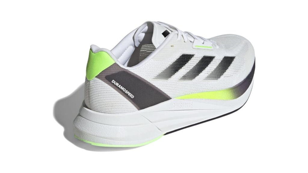 A close-up shot of an Adidas Duramo Speed running sneaker, showcasing its sleek and aerodynamic design. The sneaker is placed on a clean, white background, with soft, even lighting that highlights its key features. The upper is crafted from a breathable, lightweight mesh material, while the midsole features Adidas' responsive Boost technology for superior cushioning and energy return. The outsole showcases a durable, high-traction rubber pattern, designed for stability and grip on various running surfaces. The image conveys a sense of quality, performance, and value, reflecting the product's positioning as a reliable and affordable running shoe.