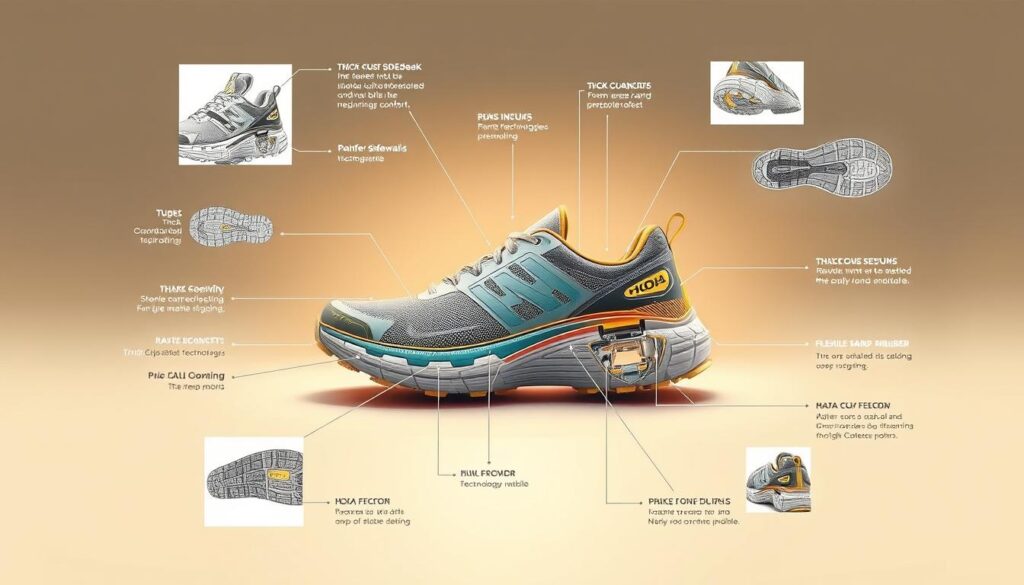 A detailed technical illustration showcasing the HOKA Bondi 9 athletic sneaker. The shoe sits prominently in the center, illuminated by a warm, natural light source. Intricate cross-sections and exploded views reveal the shoe's internal structure and key specifications, including the thick, cushioned midsole, reinforced sidewalls, and flexible rubber outsole. Technical labels and callouts point out the various materials, technologies, and design elements that contribute to the Bondi 9's renowned comfort and performance. The background is clean and uncluttered, allowing the product details to take center stage. Subtle shadows and reflections enhance the sense of depth and realism. The overall aesthetic is sleek, informative, and true to the HOKA brand identity.