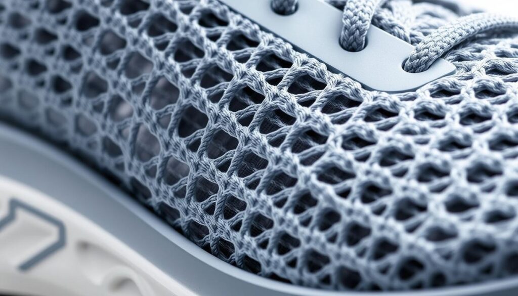 Detailed close-up of the HOKA Bondi 8 mesh upper design, showcasing its intricate web-like structure and breathable qualities. The mesh is rendered in a soft, grayish-blue hue, with well-defined threads and perforations that allow for maximum airflow. The texture appears tactile and durable, with a slight sheen suggesting a high-quality material. The lighting is soft and diffused, highlighting the depth and nuance of the mesh pattern. The angle is slightly angled to provide a visually compelling and informative perspective of this key design feature.