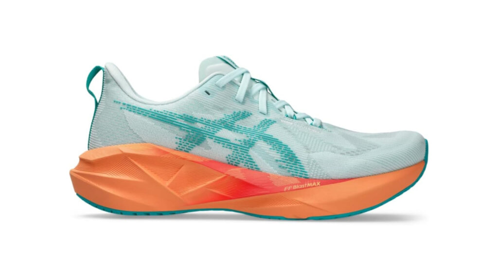 High-detailed, photorealistic 3D render of ASICS NOVABLAST 5 performance road running shoes, showing the shoes from multiple angles and perspectives. The shoes are showcased on a clean, minimalist white surface, with soft, even lighting from above to highlight the intricate design and construction. The camera angle provides a dynamic, engaging view of the shoes, emphasizing their sleek silhouette, bold color scheme, and high-tech features such as the responsive midsole and durable, grippy outsole. The overall presentation conveys a sense of premium quality, technical innovation, and the shoes' ability to deliver an exceptional running experience.