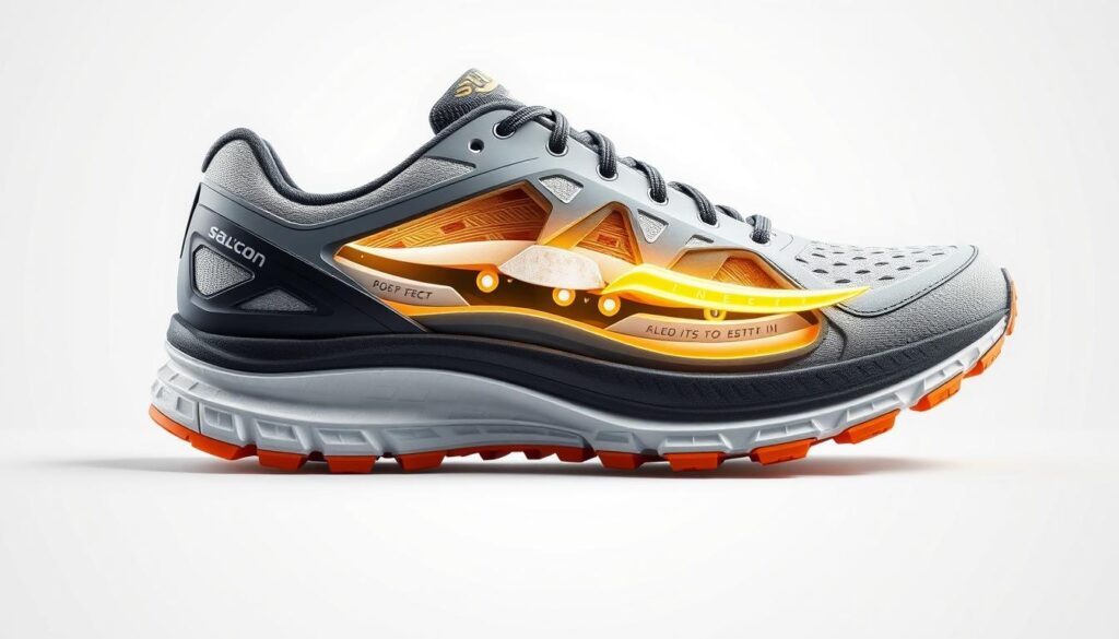 A high-resolution, detailed 3D render of the Saucony TR15 trail running shoe, with a cutaway view revealing its cushioning technology. The shoe is presented against a plain white background, allowing the internal structure and materials to be the sole focus. Soft, diffused lighting illuminates the various foam layers, shock-absorbing inserts, and energy-returning components, showcasing their construction and functional properties. The image captures the shoe's sleek, sporty design while emphasizing the advanced cushioning system that provides comfort and responsiveness for trail running.